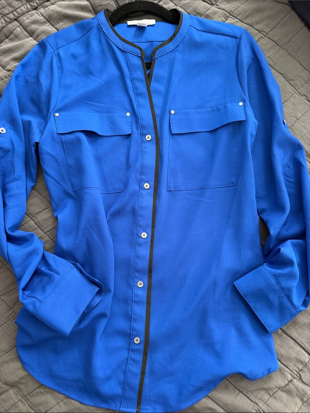 Calvin Klein Cobalt Blue Button-down Blouse with Black Trim